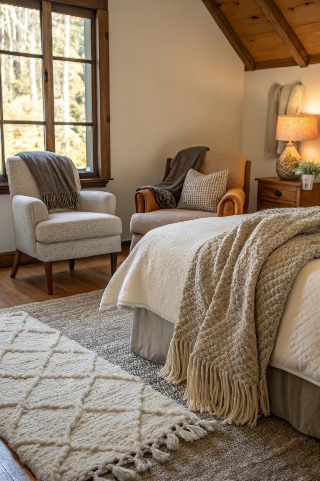 Warm fabrics add warmth and comfort to your bedroom.