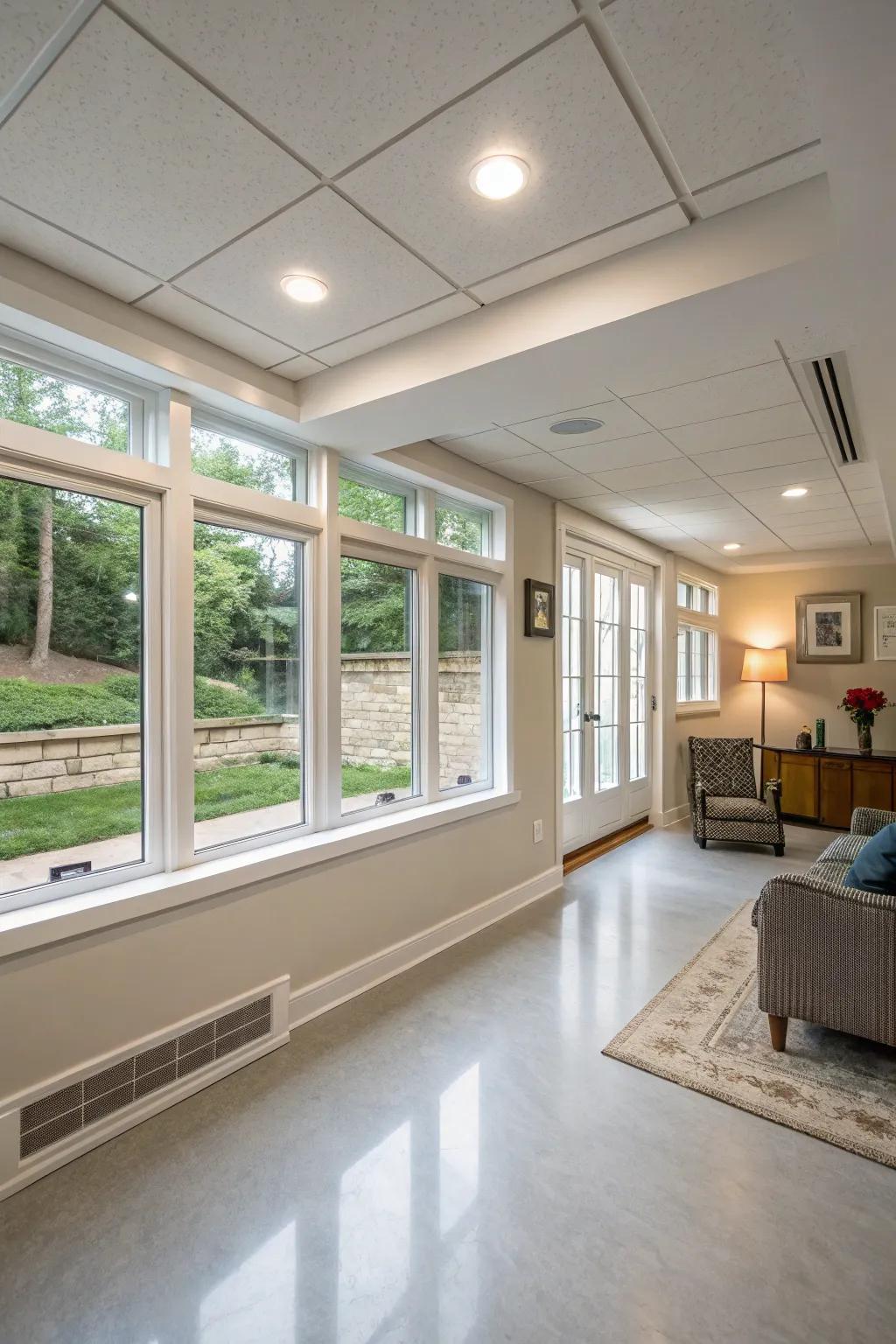 Emergency escape windows offer both safety and style in basement designs.
