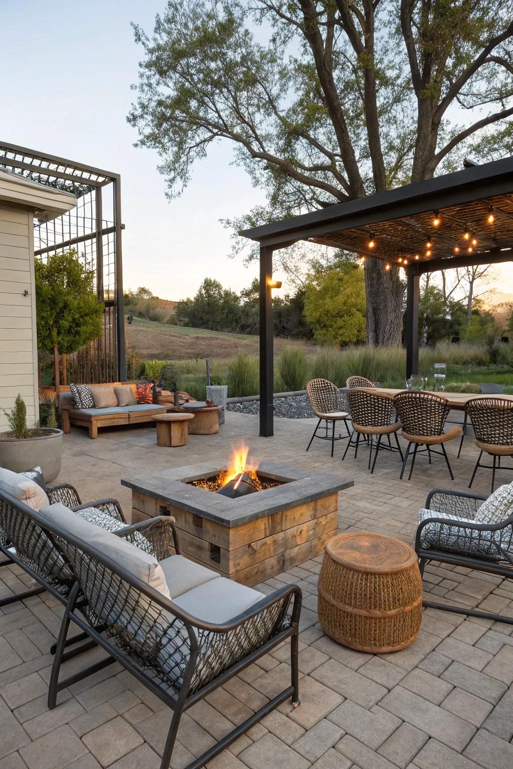 A mix of materials adds depth and texture to the fire pit area.