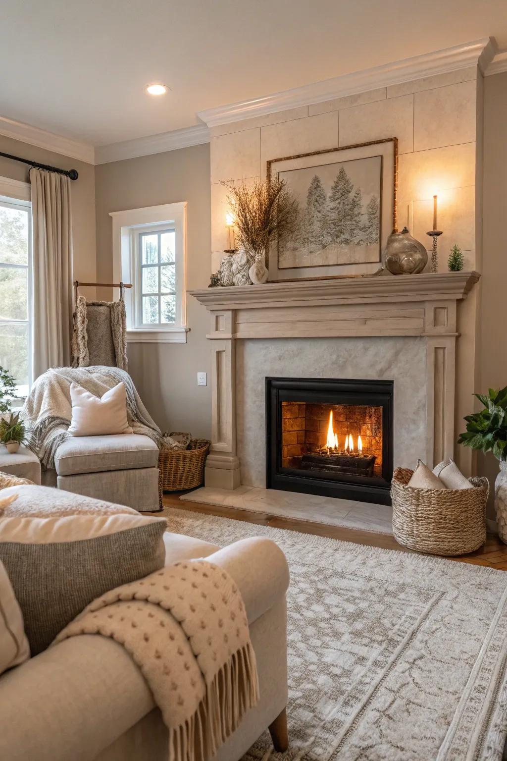Attain peacefulness with a neutral palette surrounding your fireplace.
