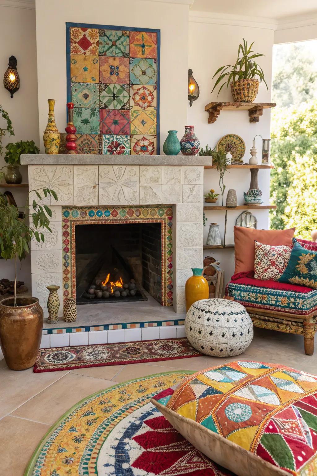 Unique mosaic tiles come together to create a stunning focal point on this fireplace.