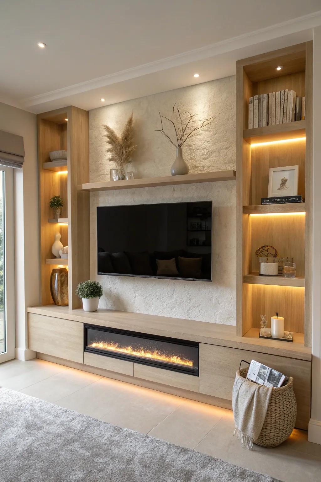 Establish the mood through subtle lighting that enhances your fireplace TV feature. #AmbientGlow #LightingMagic
