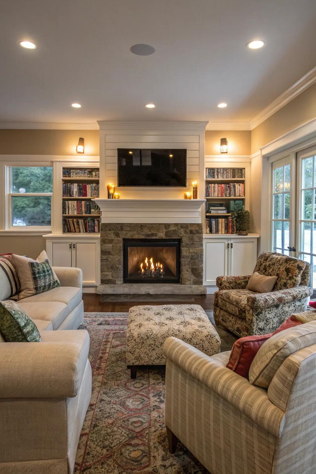 A welcoming seating arrangement in front of a TV and fireplace.