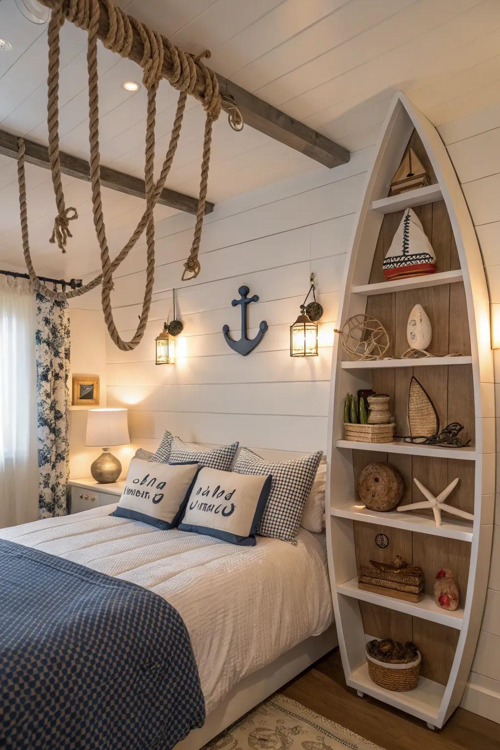 Boat-shaped furniture contributes a playful seafaring aspect.
