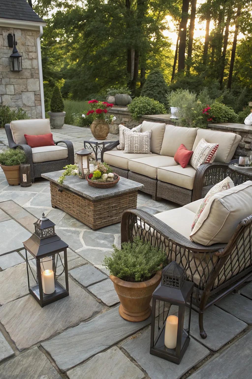A cozy outdoor lounge nestled on a flagstone patio.