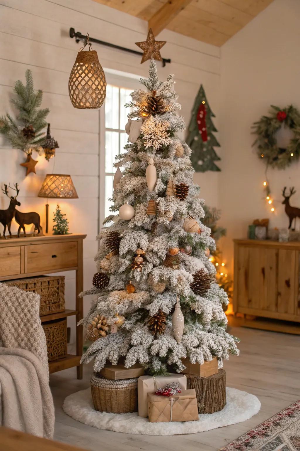 An enchanting woodland-themed flocked Christmas tree.