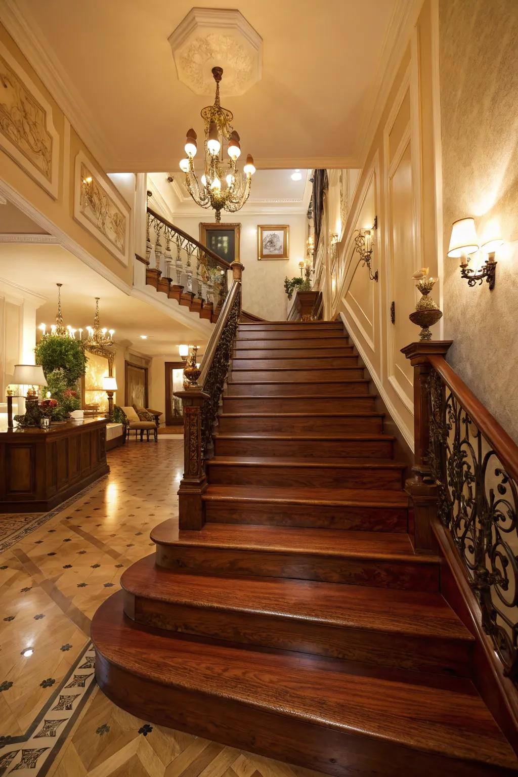 Stained wood staircases radiate sophistication with their deep, rich tones.