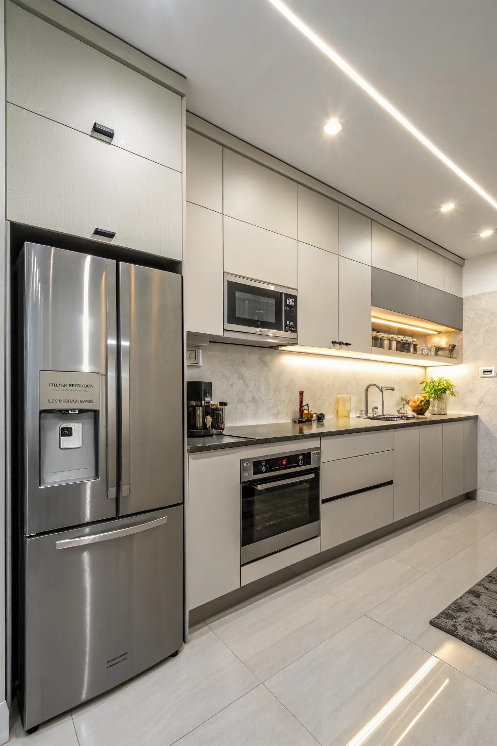 A modern kitchen design featuring sleek lines and contemporary fixtures.