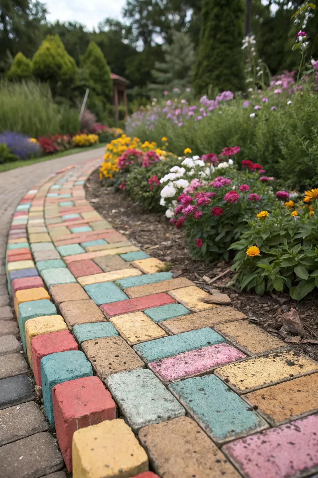 Inventive brick arrangements enhance color and texture to flower bed borders.