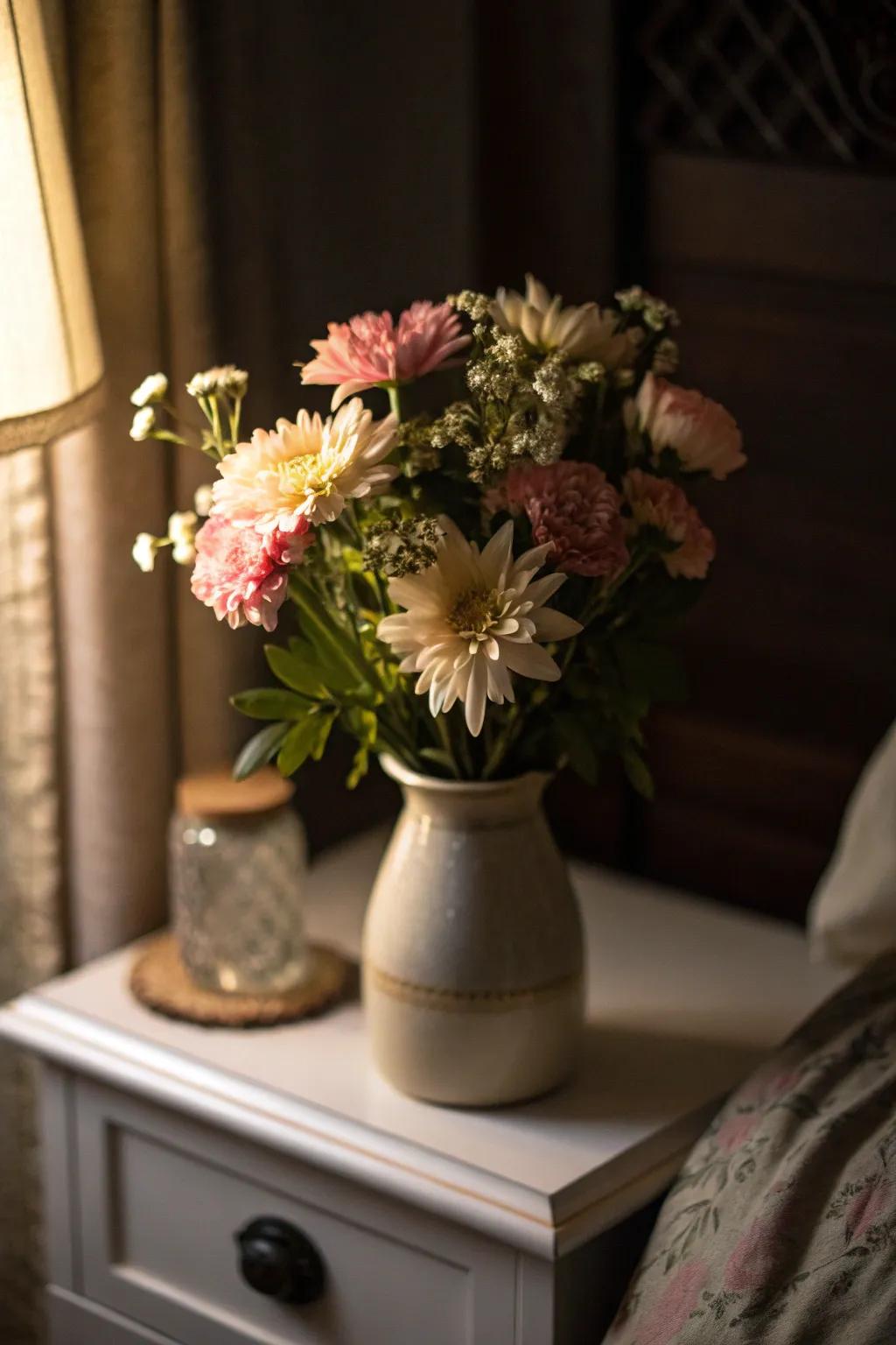 A charming mini bouquet brightens a cozy nightstand.