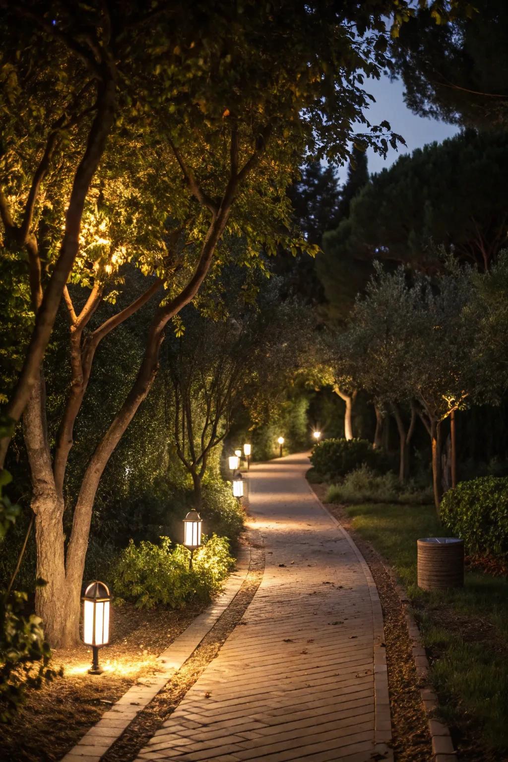 Gentle lighting that transforms the garden into an enchanting night-time space.