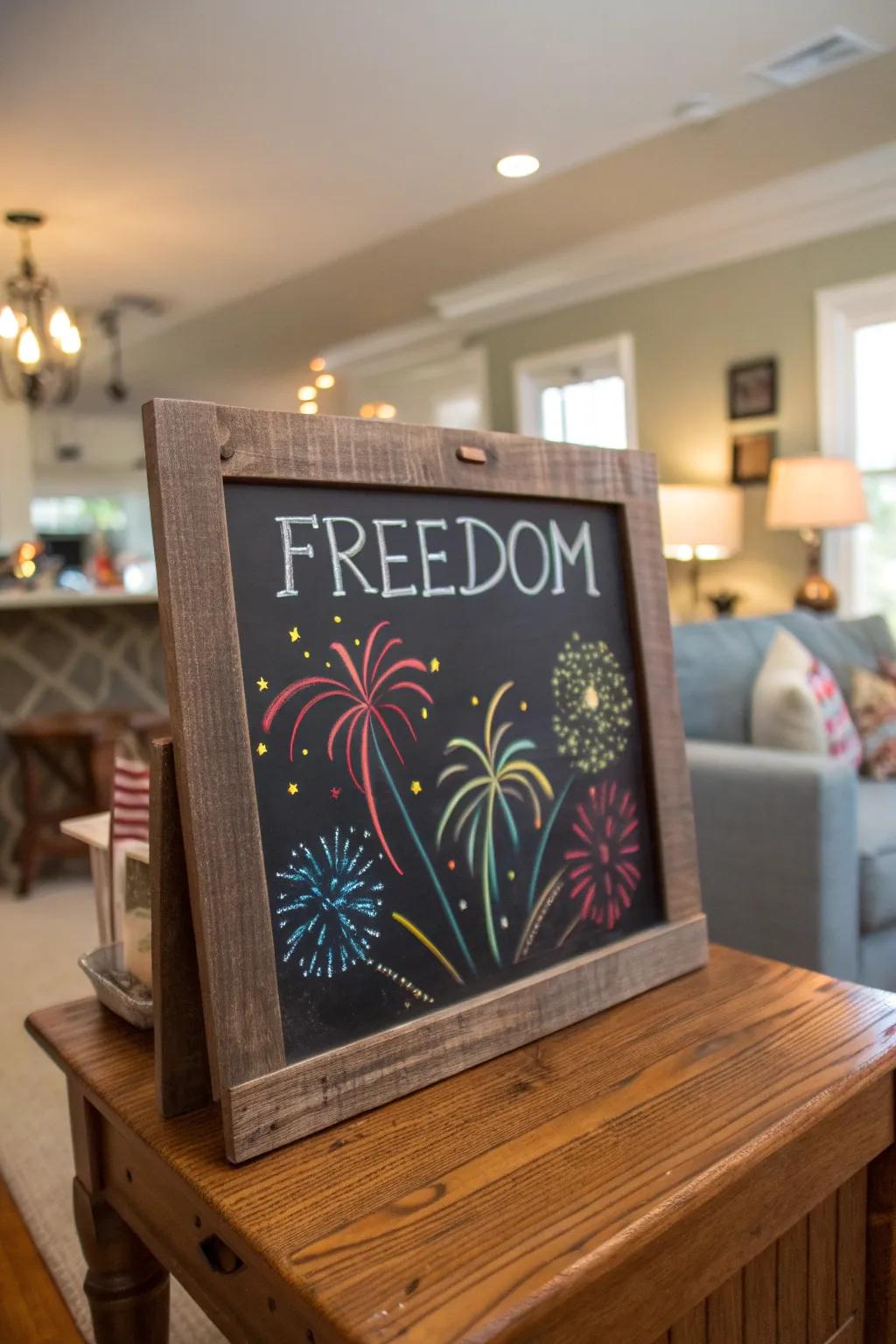 'Celebrate Freedom' combined with fireworks for a bold chalkboard design.