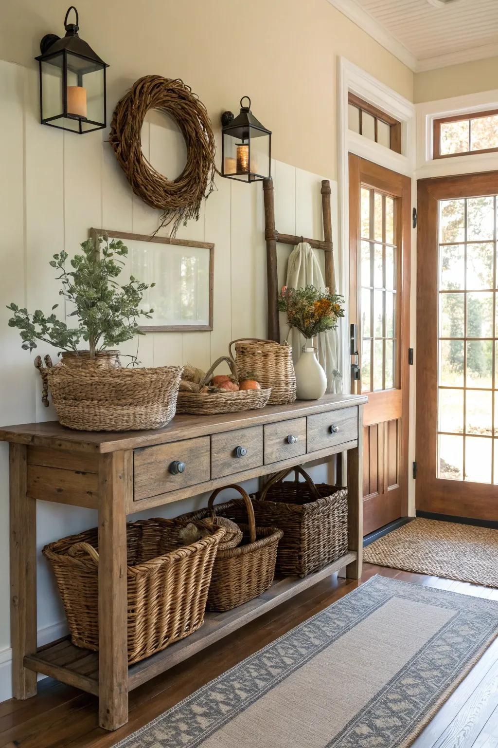 Wicker baskets combine style and storage.