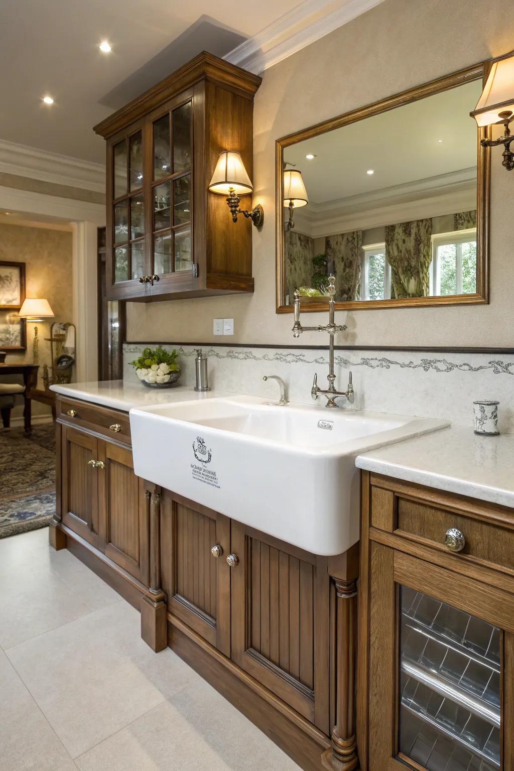 A classic and sophisticated kitchen showcasing a china unattached sink.