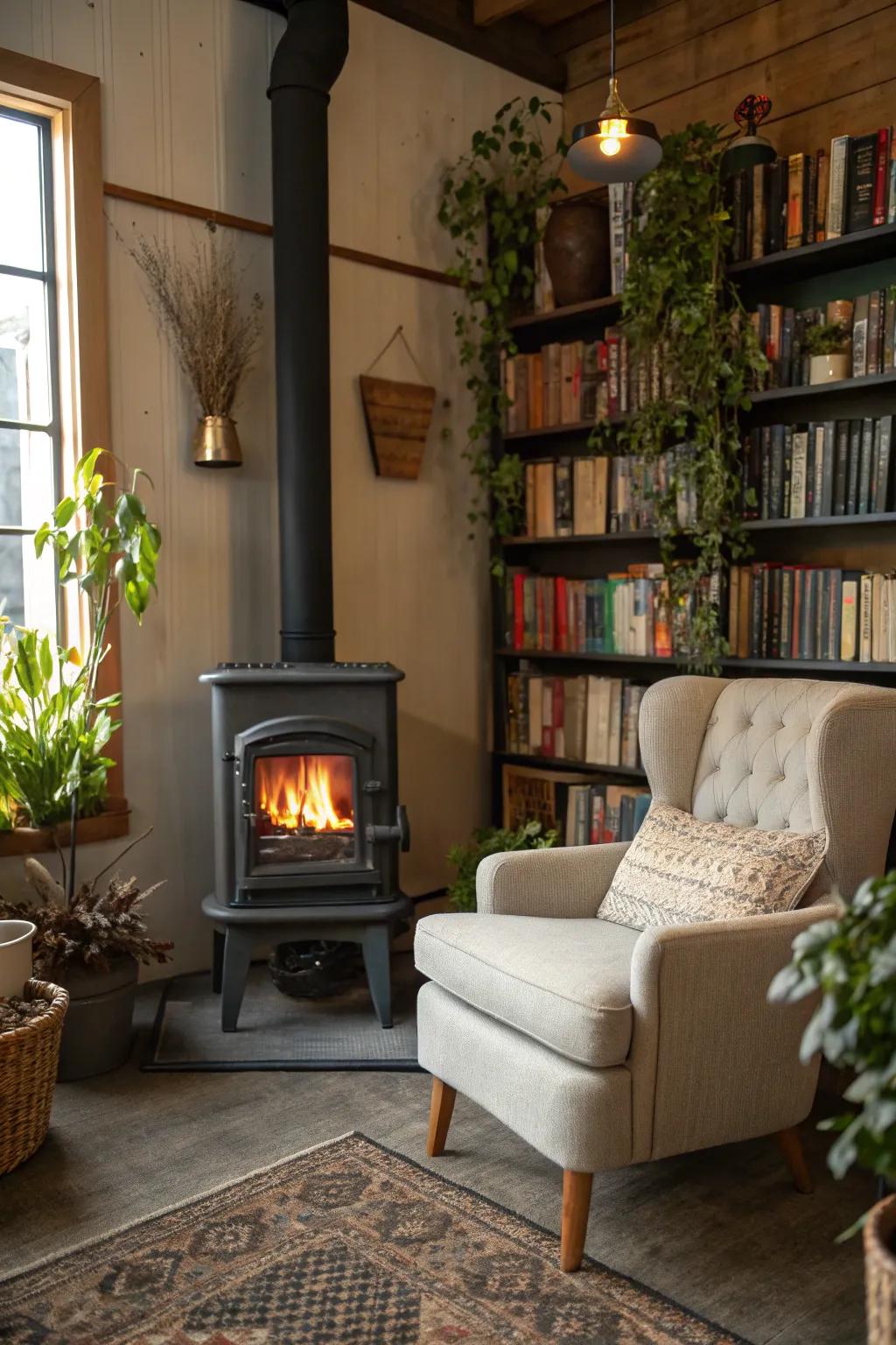 A cozy corner perfect for reading by the burner.