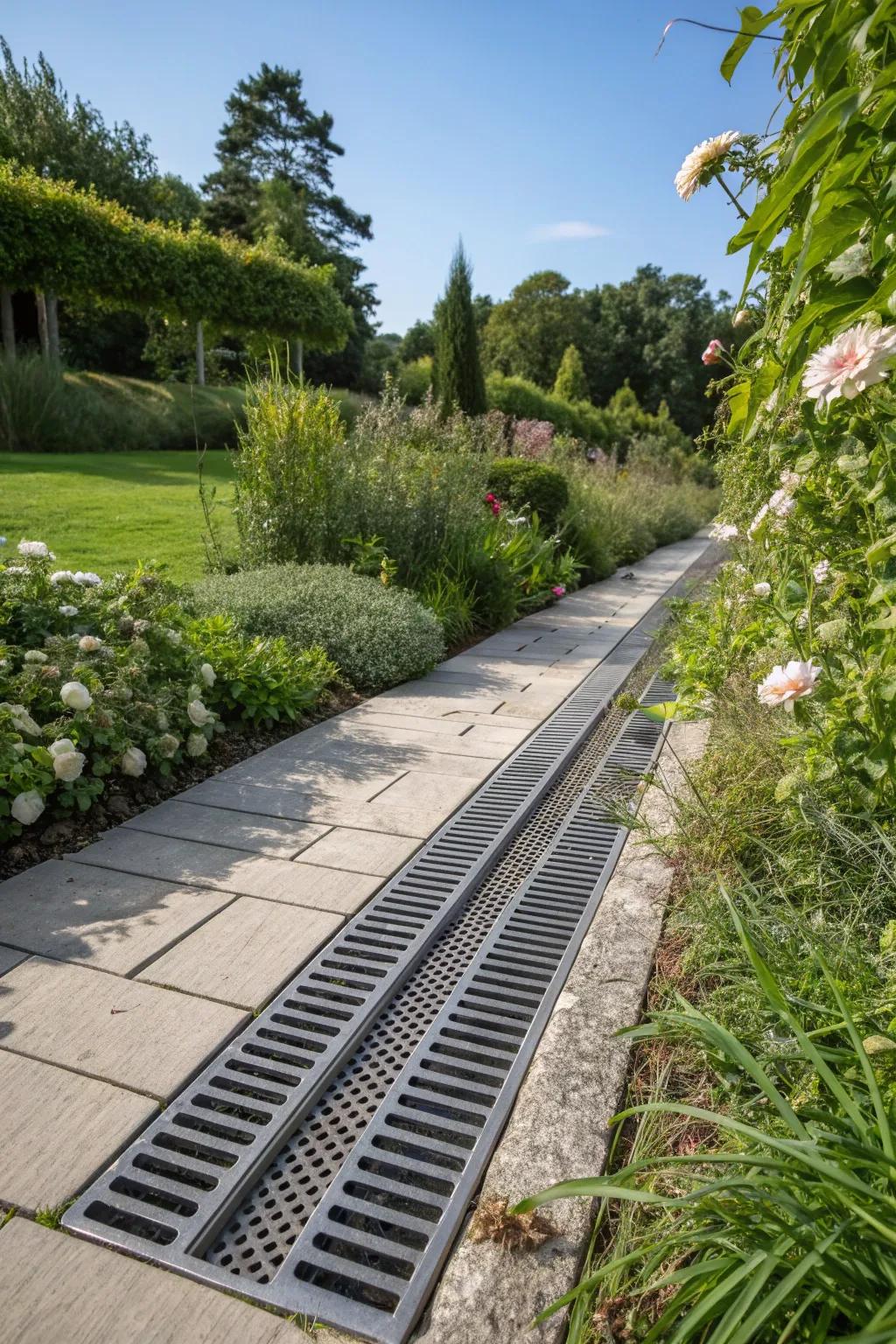Modern screens adding a sleek touch to a drainage system alongside a garden path.