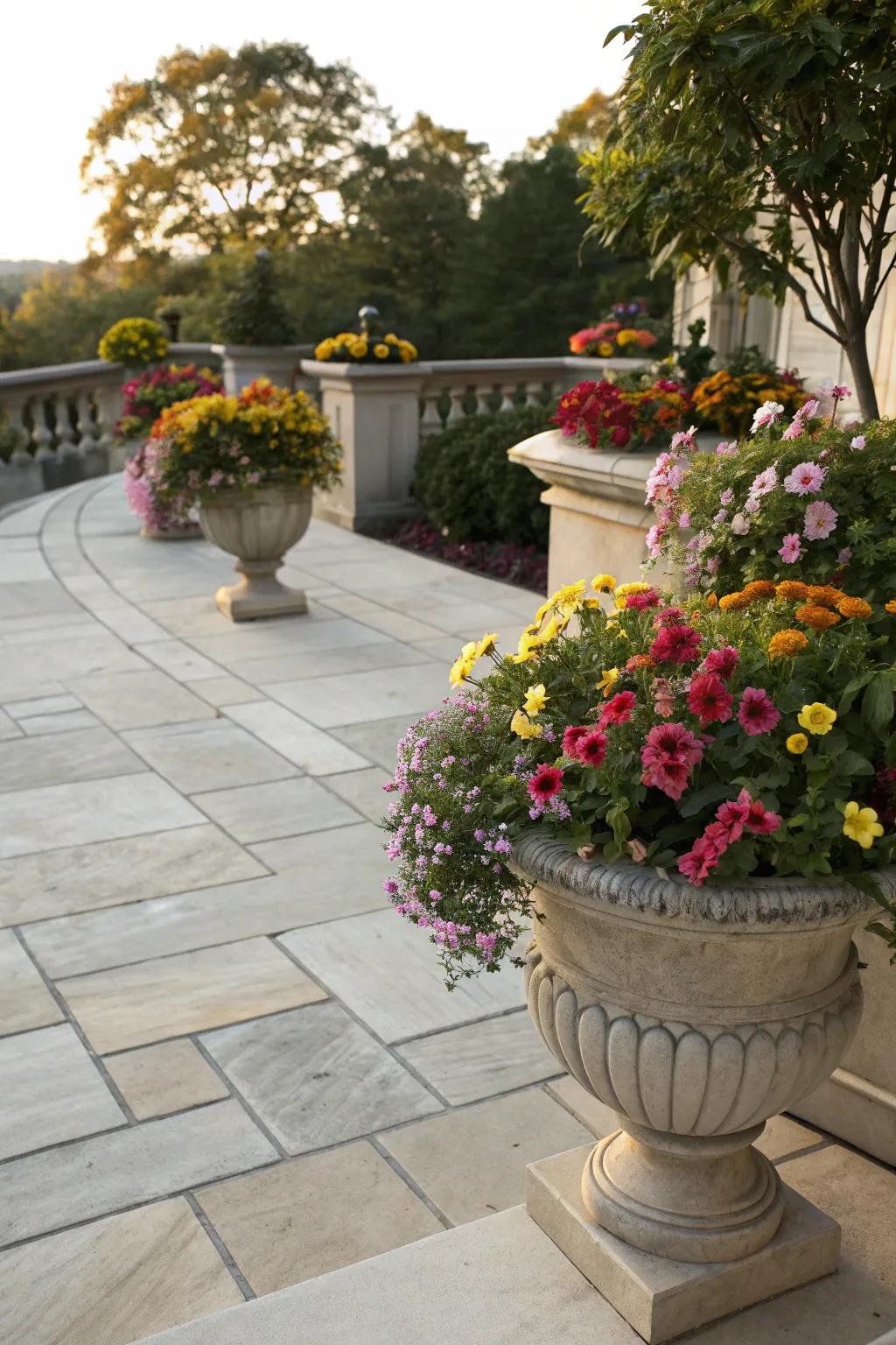 Ornate pots with seasonal flowers on a charming patio.