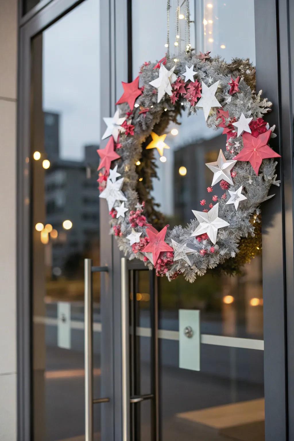 A whimsical wreath featuring paper stars and glitter.