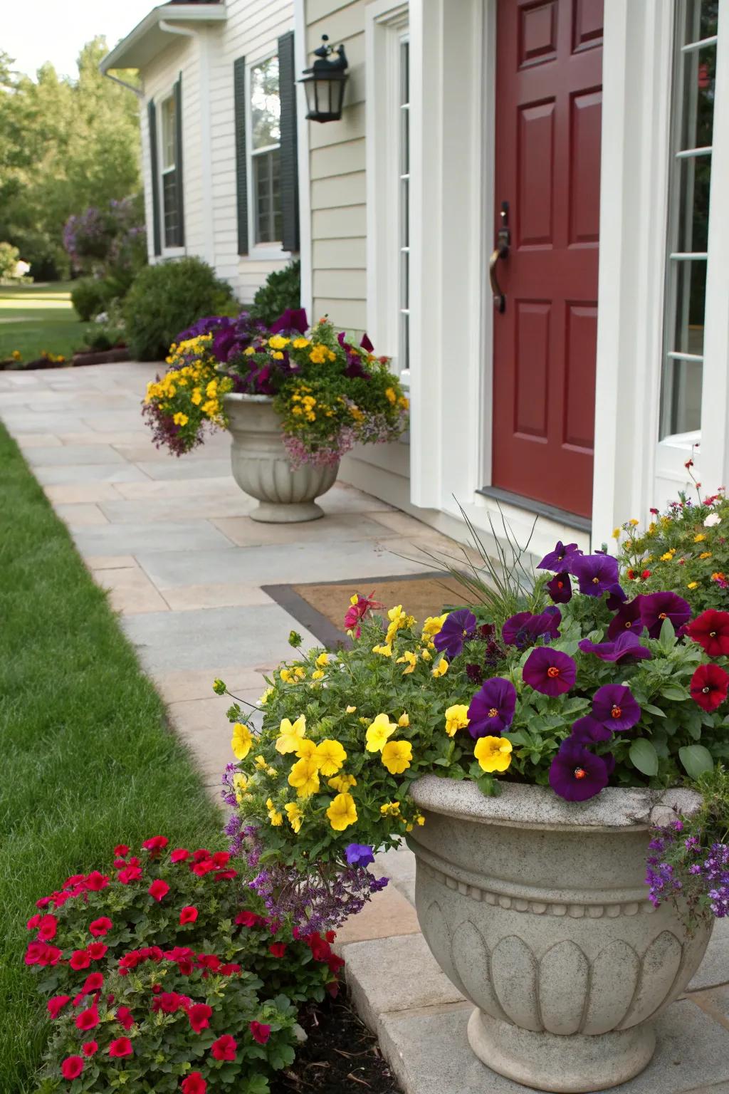 Achieve a harmonious look by coordinating your planters and door colors.