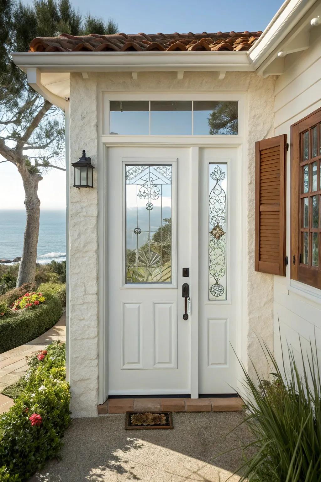 A bright white door with patterned glass creates an open and inviting entrance.