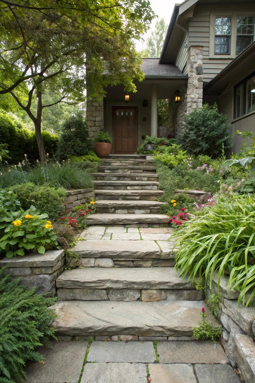 A multi-level walkway with stylish stone steps.