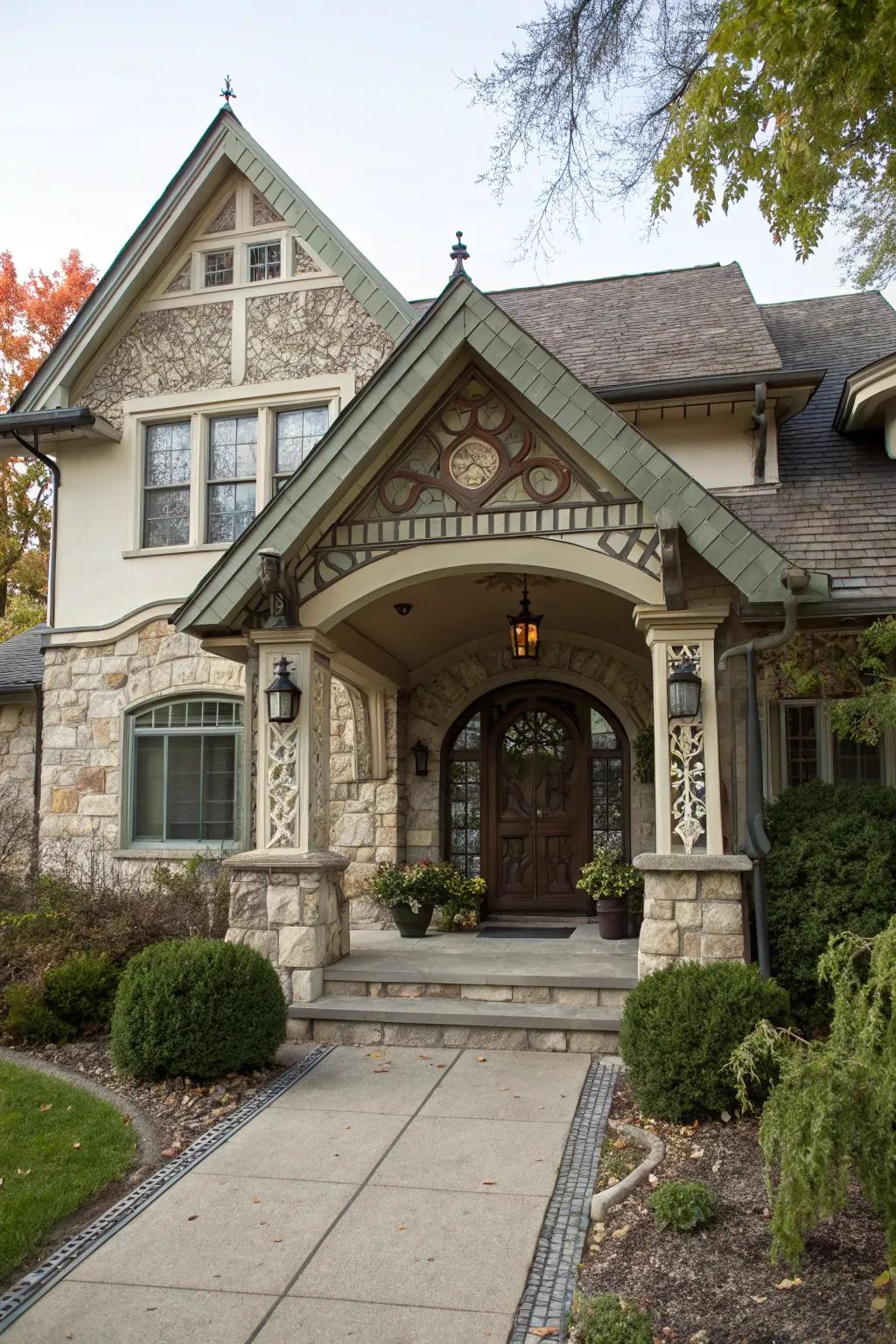 A sheltered entryway with a gabled roof offers both protection and style.
