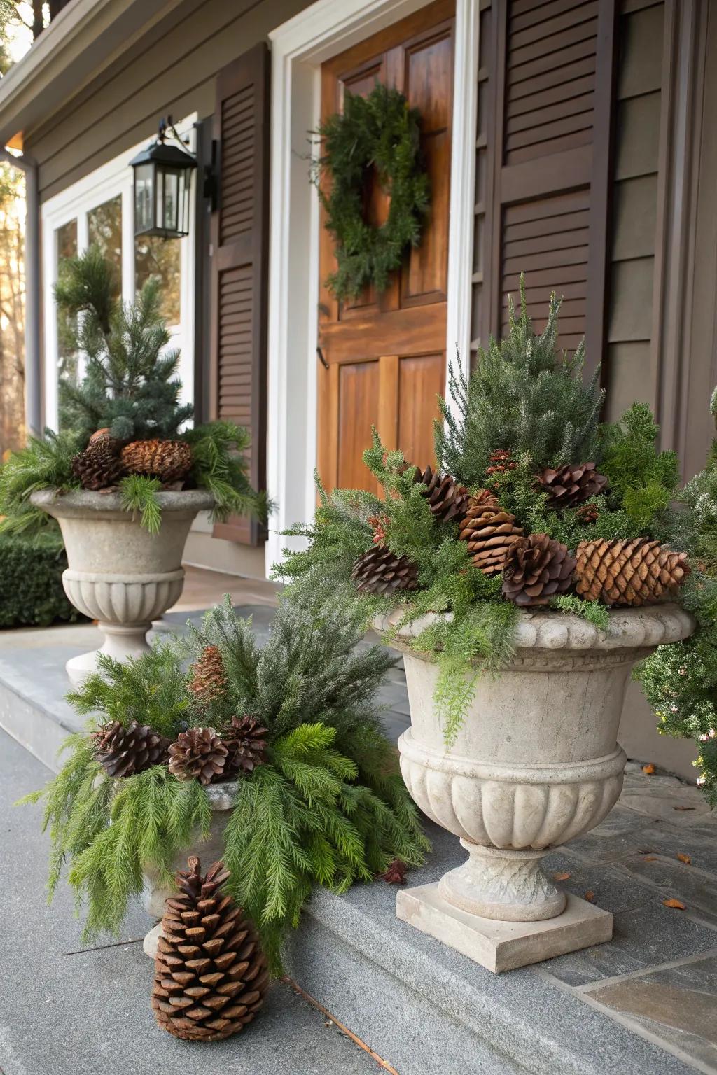 Cones and verdure bring countryside charm to your porch.