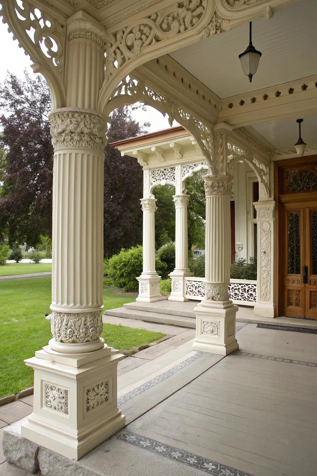 Elegance and sophistication are added to the porch columns with the use of decorative trim.