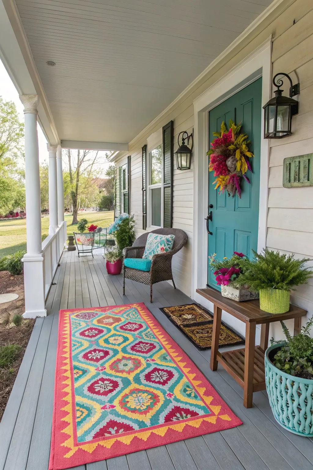 An exterior floor covering adds color and defines the porch area.