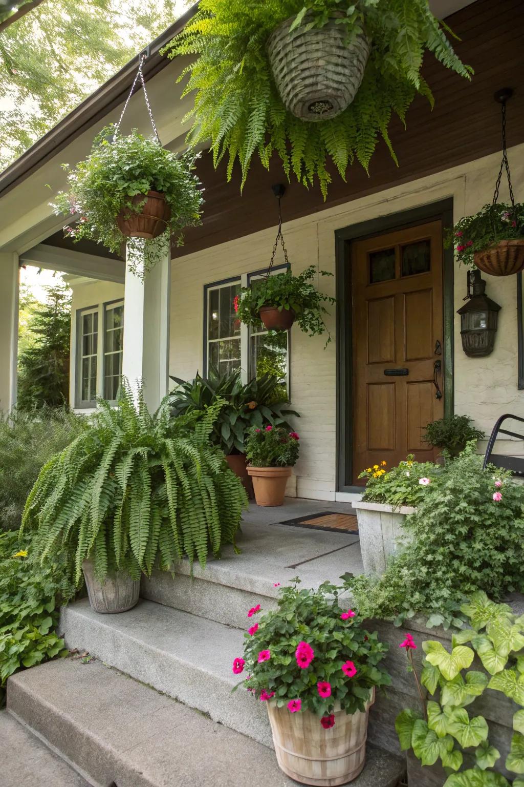 A front porch showcasing a variety of plant heights for added depth.