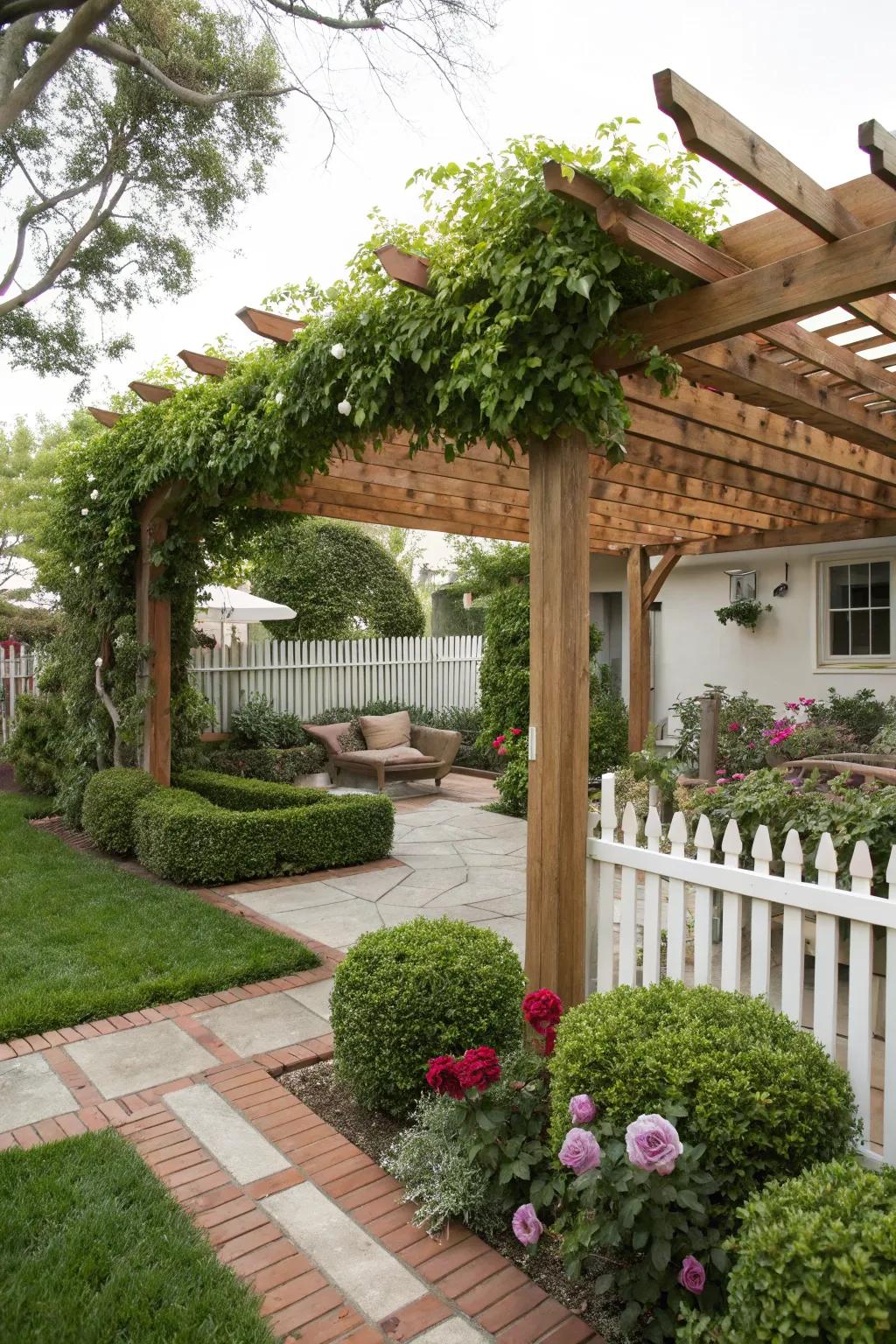 A gazebo adds height and supports rich greenery.