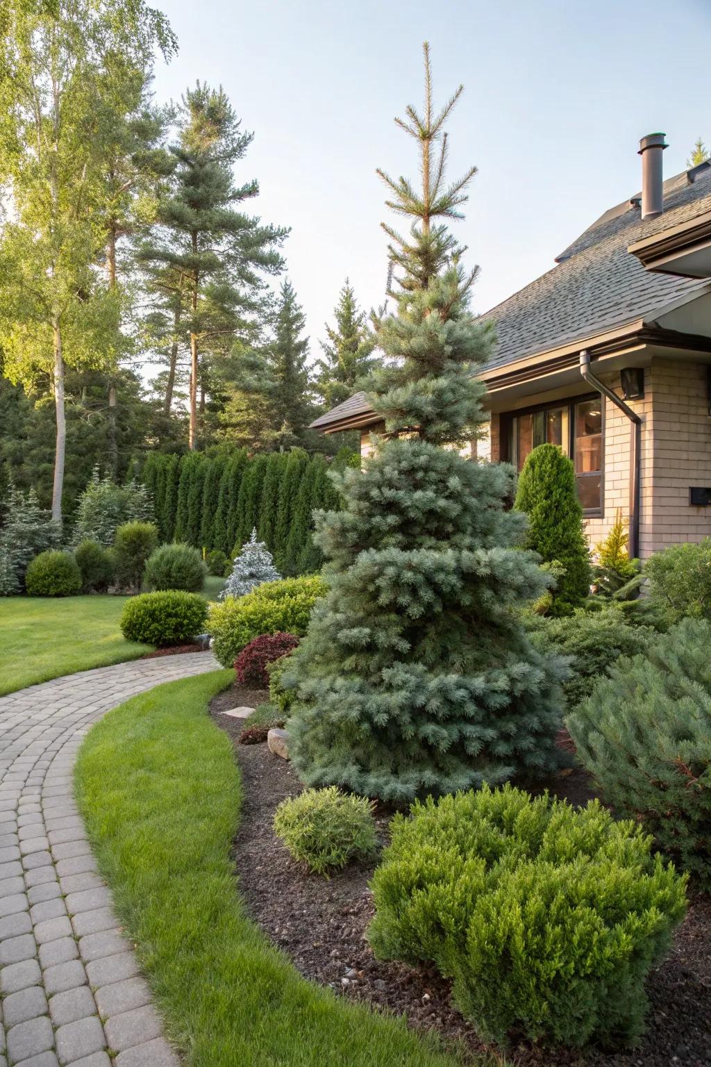 A dwarf spruce stands out as a focal point in this landscape.