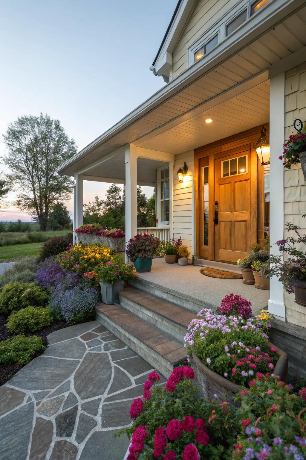 Integrate your porch with flower beds for a unified aesthetic.
