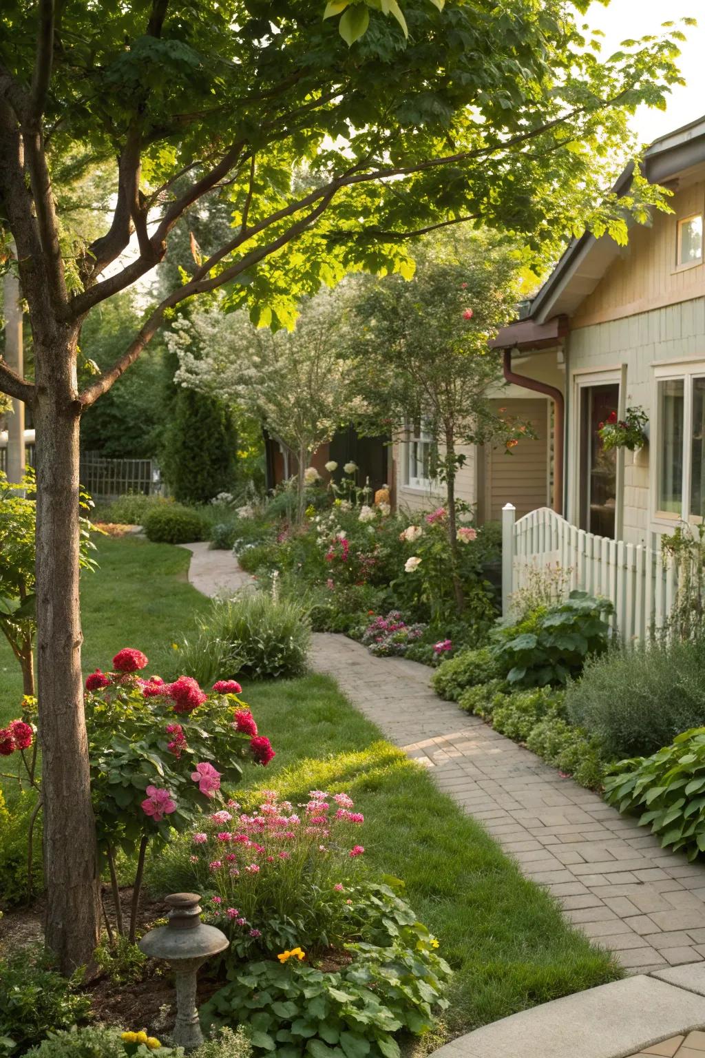 Trees and small plants create a layered and dynamic landscape.