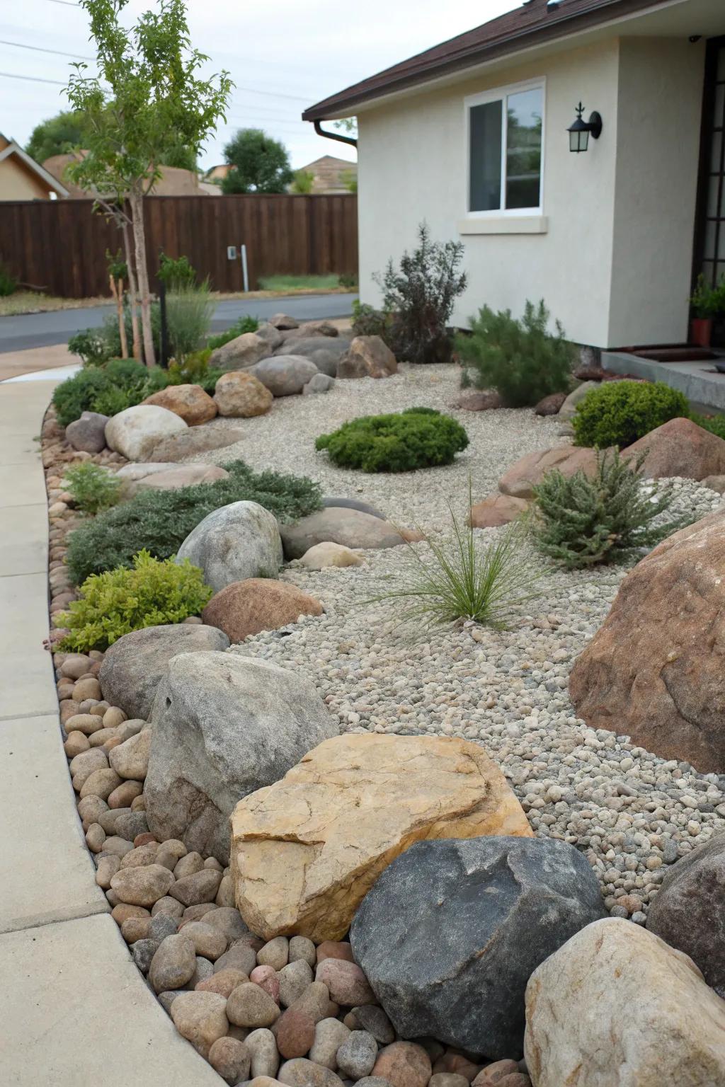 A rock garden showcasing varied surfaces with diverse stone dimensions and plants.