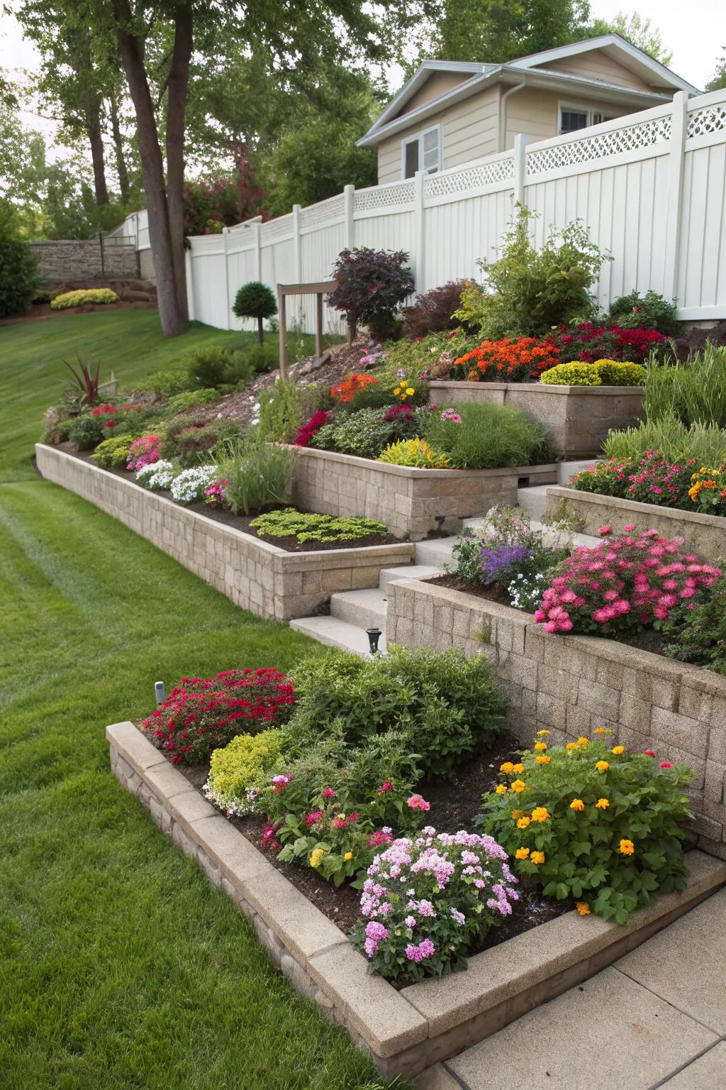 Tiered beds add depth and visual interest.