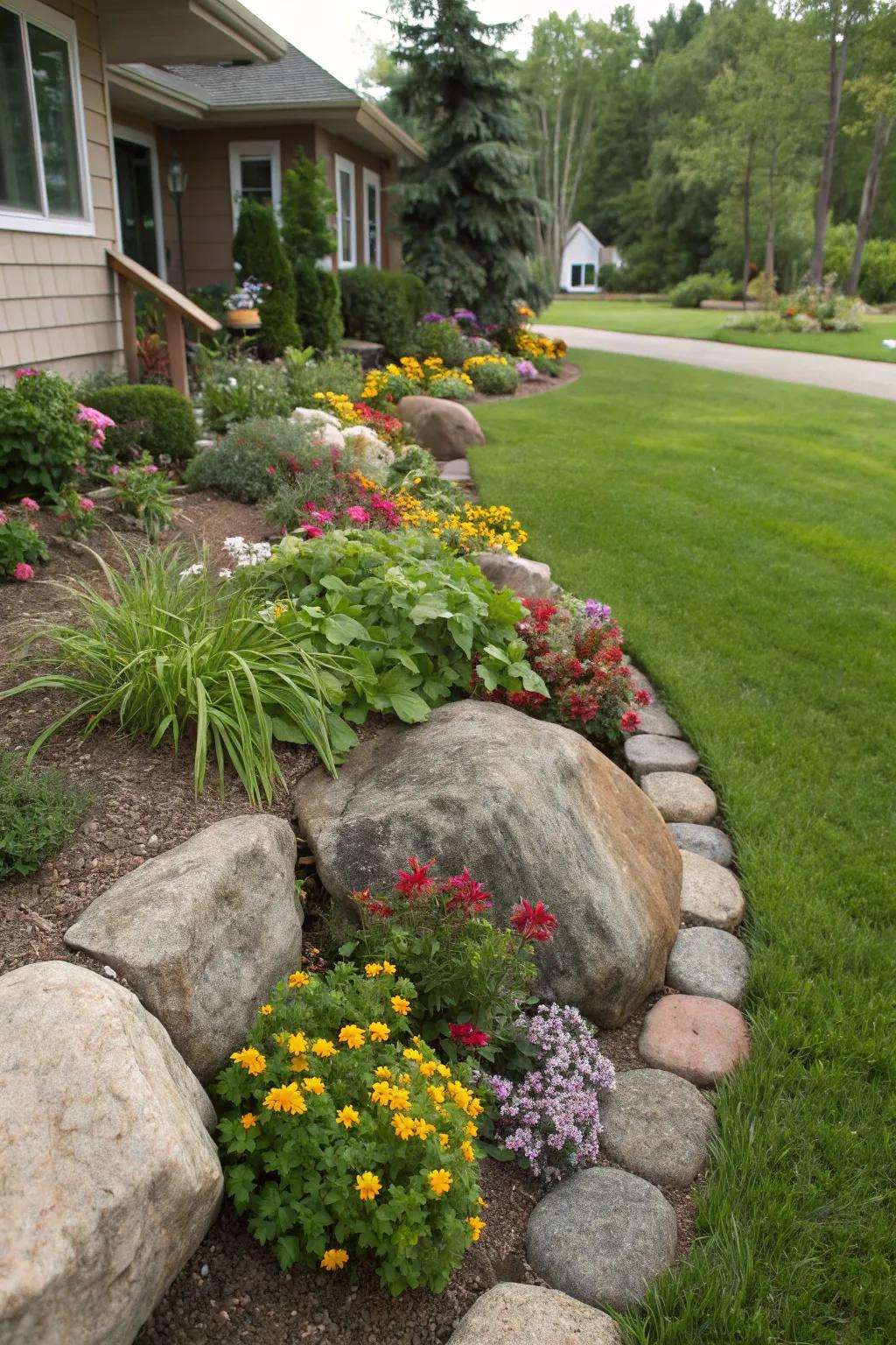 Outline your garden beds using country-style stone borders.