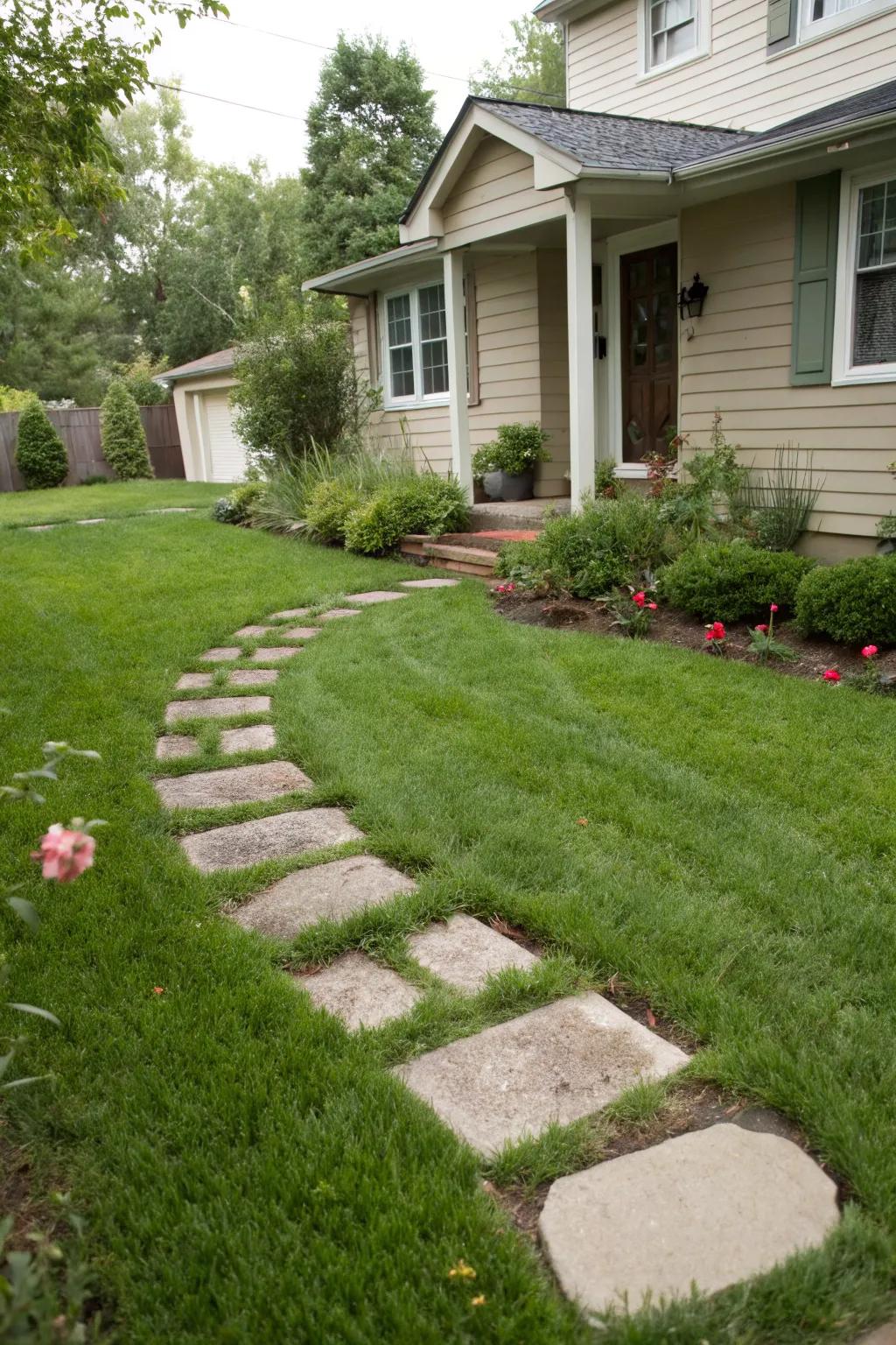 Stepping stones and grass create a charming, whimsical path.