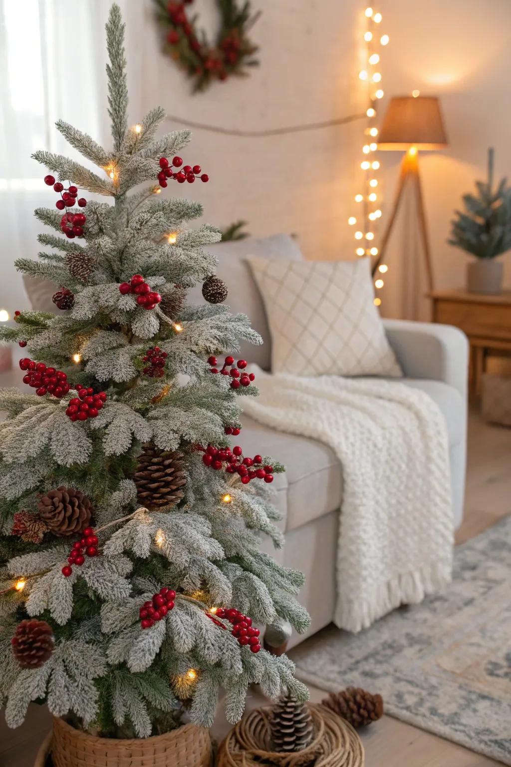Scarlet fruit accents add a vibrant touch to this natural-themed tree.