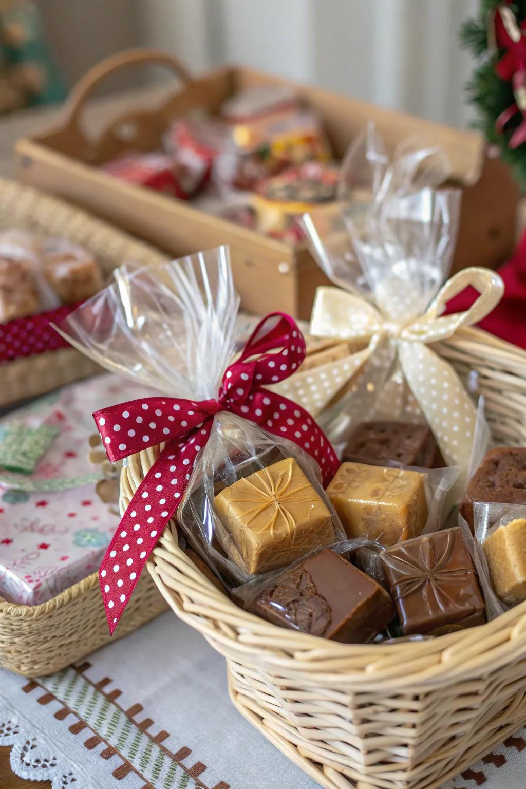 Gift-packaged sweet square pieces ready for giving.