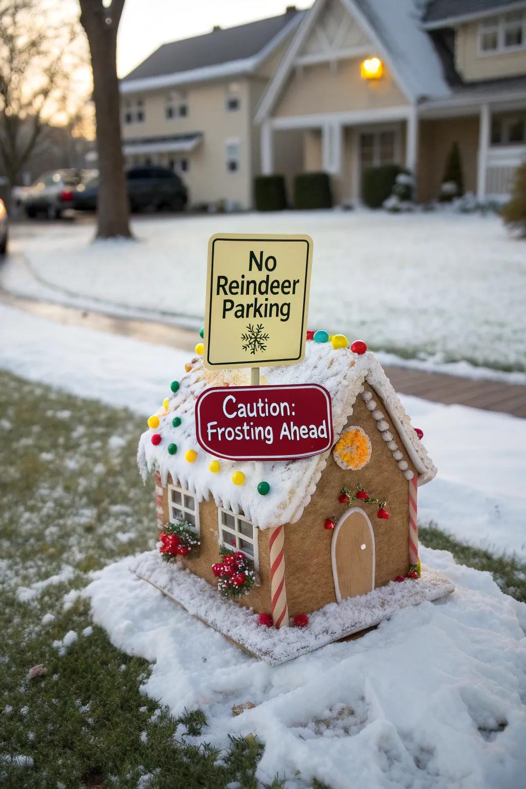 A gingerbread dwelling with amusing signage