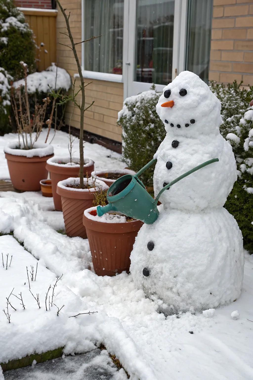 A snow figure gardener taking care of its winter garden.