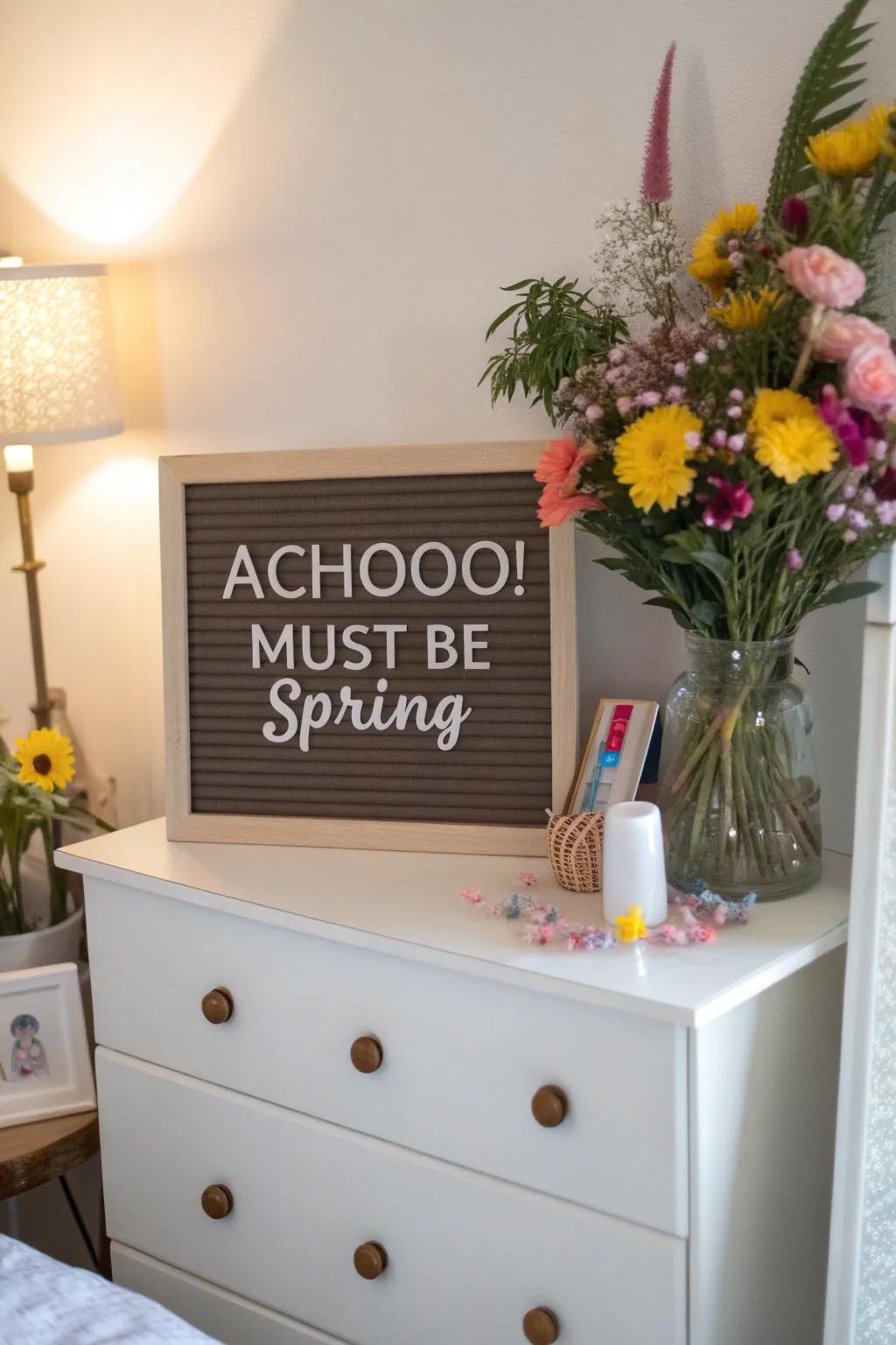 Laugh off spring allergies with a cheeky display board saying.