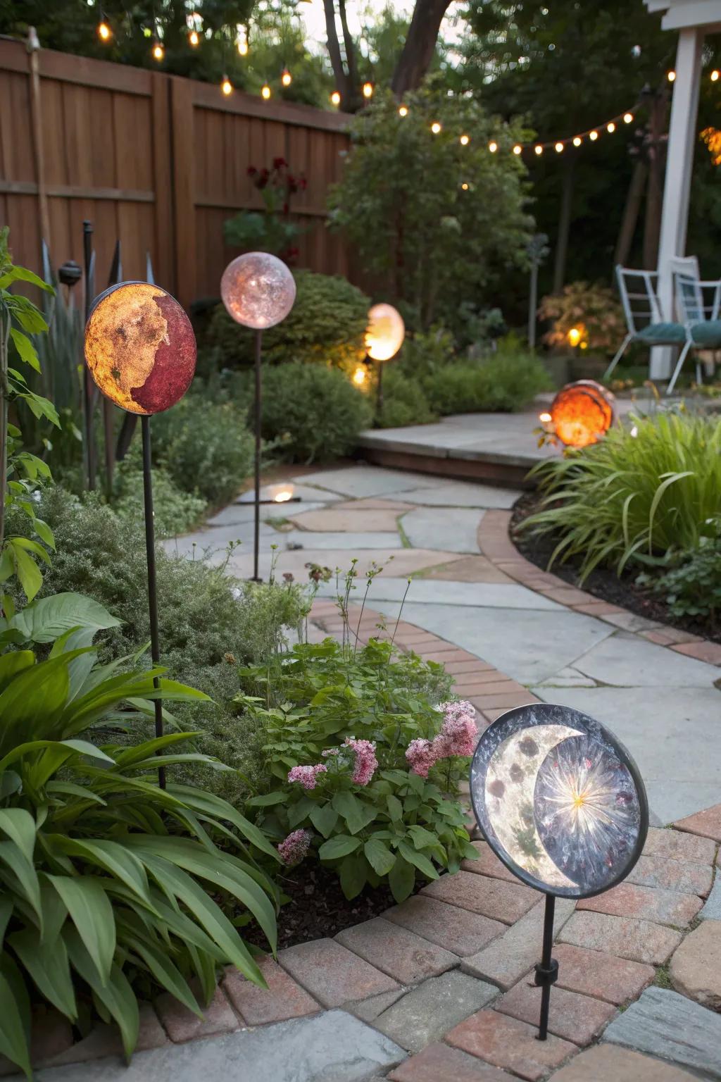 Lunar cycle glass decorations adding a touch of magic to the night garden.