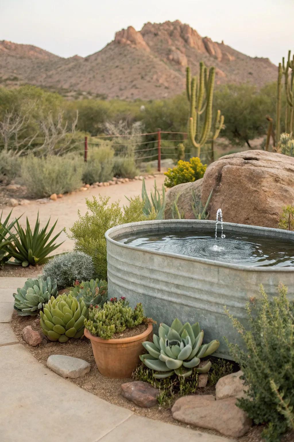 A metal basin fountain harmonizes seamlessly with its natural setting.
