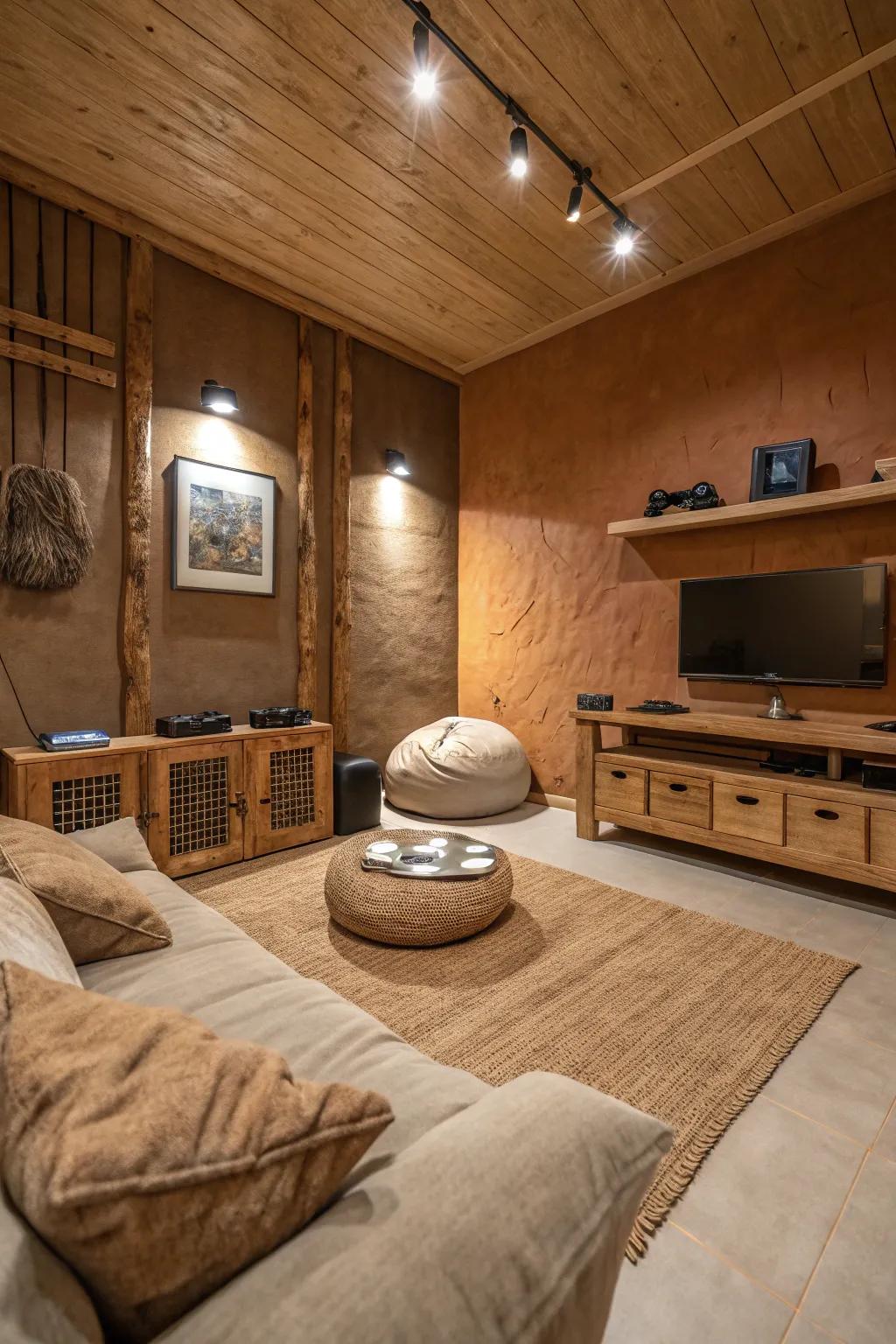 Earthy tones make your gaming room feel inviting and warm.