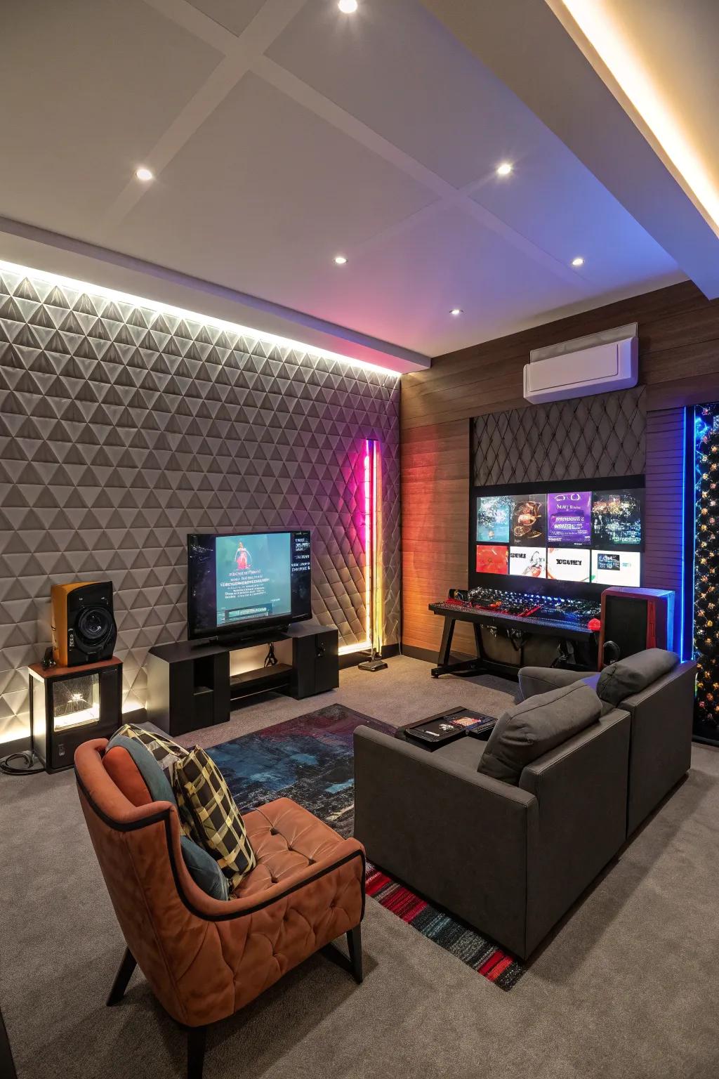 Acoustic panels refine sound and add to the room's aesthetic.