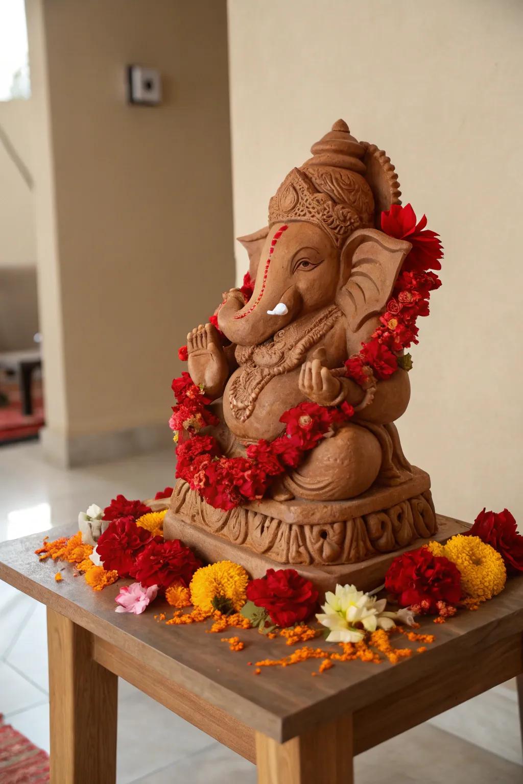 A beautifully handcrafted clay Ganesha idol, adding a personalized touch to the celebrations.