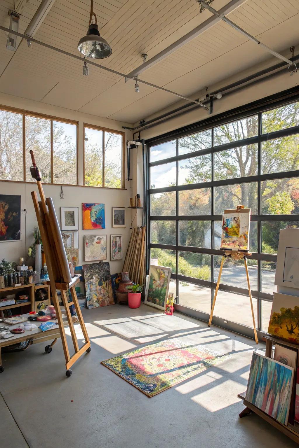 An art studio drenched in natural light, situated within a garage.