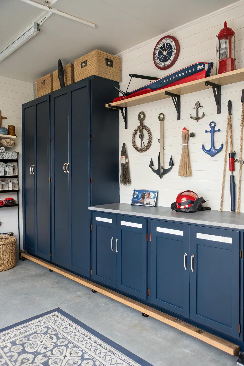 Dark aqua cabinets bring a maritime charm to this garage.